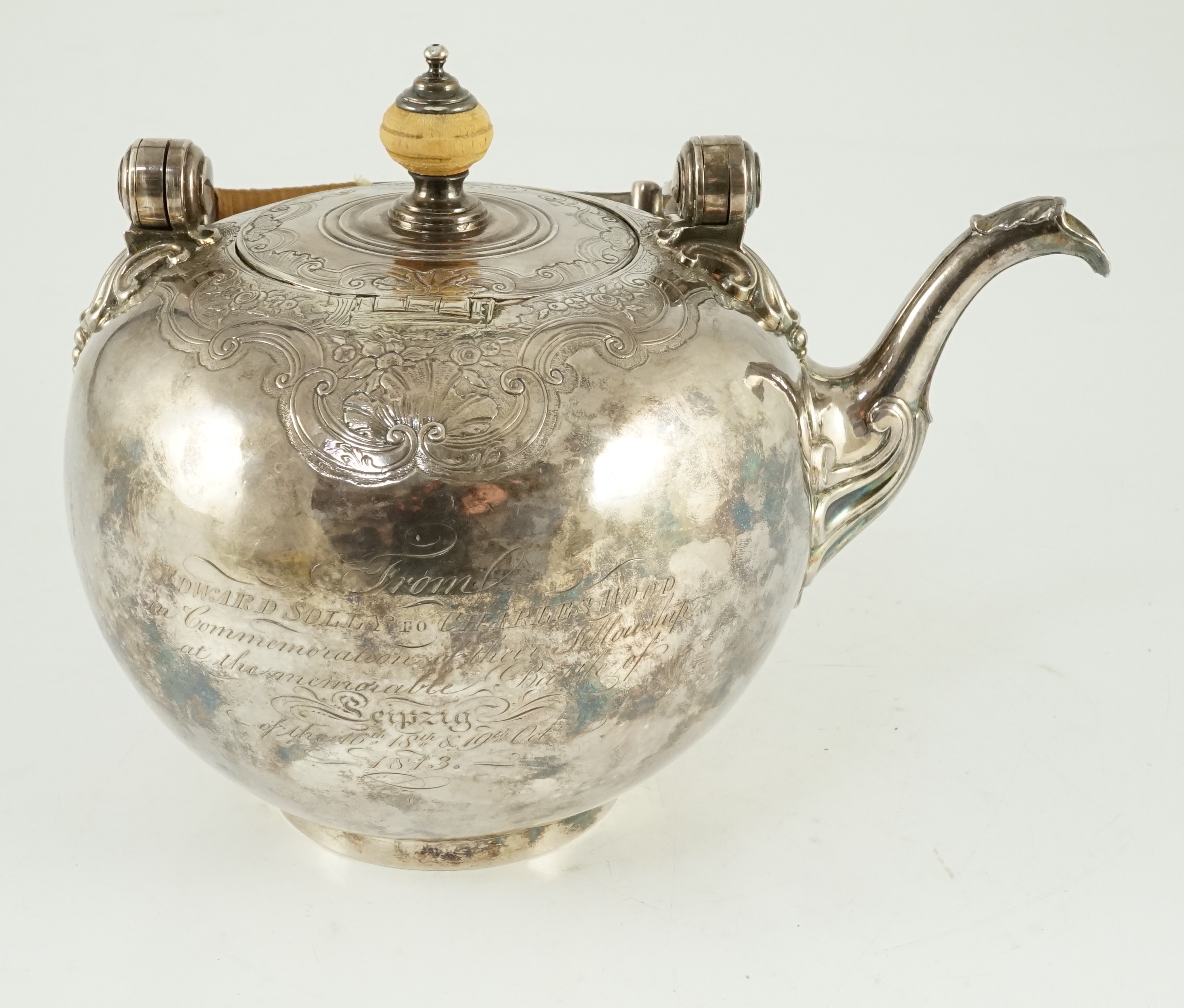 The Battle of Leipzig, 1813. A George I silver kettle with presentation inscription, Benjamin Godfrey, London, 1718